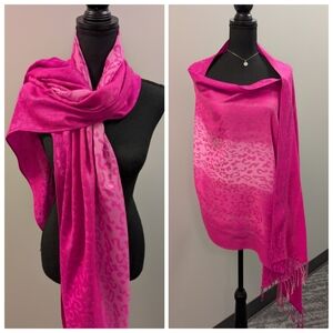 Pashmire Bright Pink Animal Print Fringe Scarf Metallic Thread Wrap Shawl